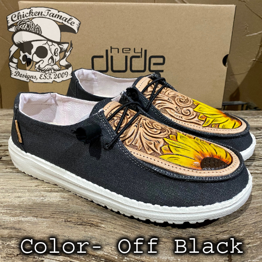 Sunflower Cactus Hey Dude - Custom Hey Dude Shoes - Womens Mens Girls Boys  Western Shoes - Leather Tooled Shoes - Custom Tooled Shoes